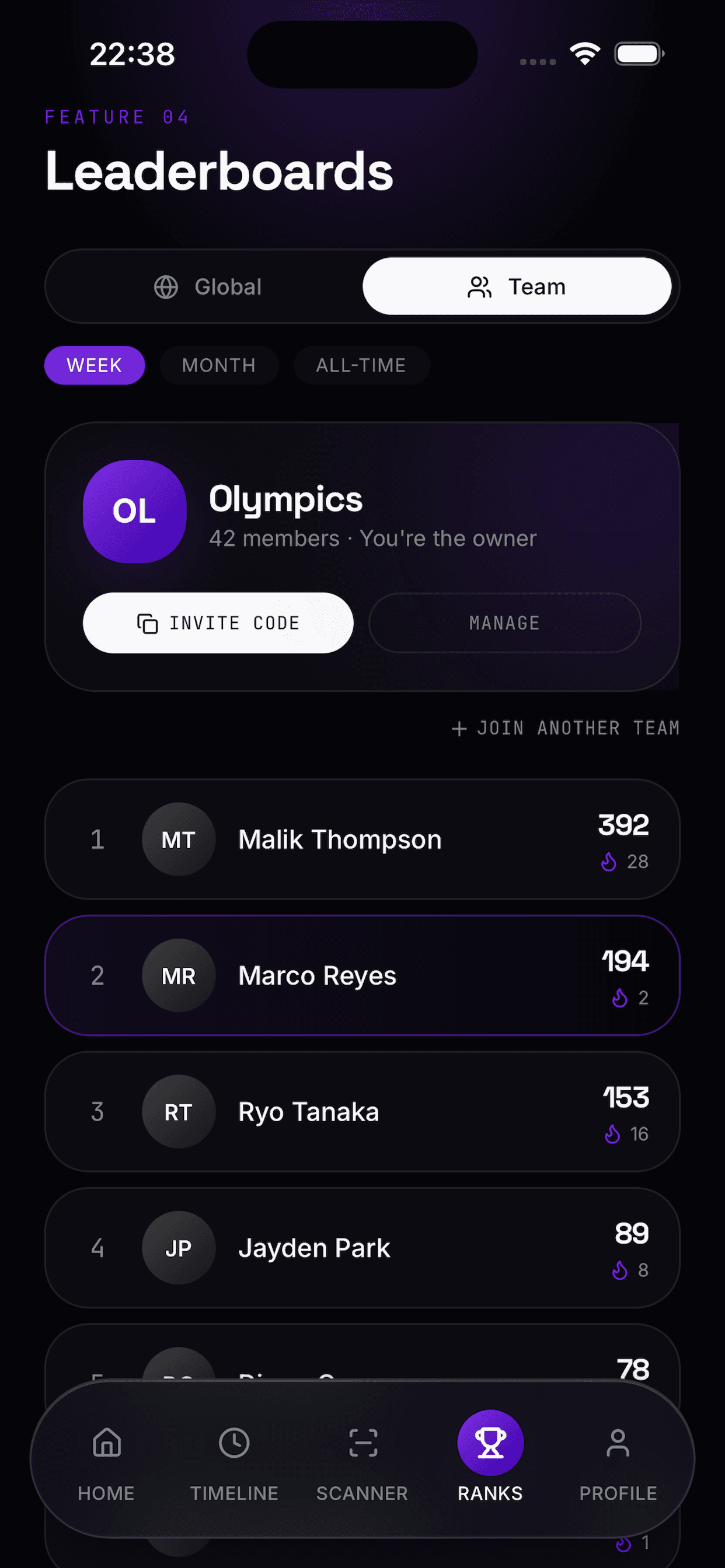 Leaderboard Teams screen
